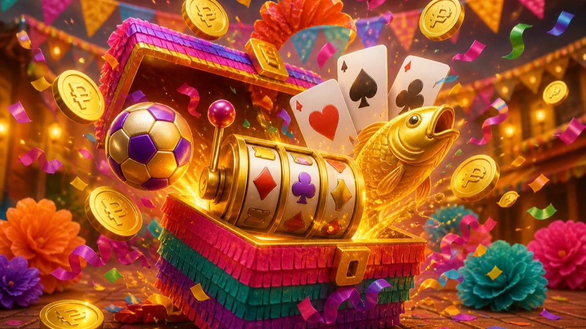 Colorful illustration of a slot reel, a fish, a sports ball, and playing cards with confetti and floating peso coins